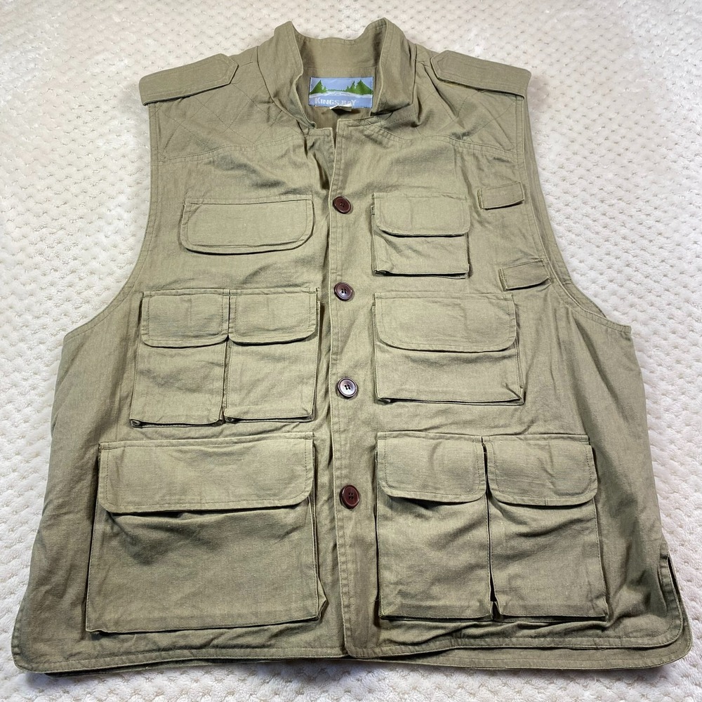 Kings Bay Mens Cotton Canvas Fishing Vest Green Utility Outdoor Large TV 727
